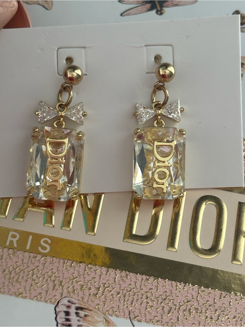 Gold-Tone Crystal Drop Earrings with Bow Accent - Picture 2 of 5